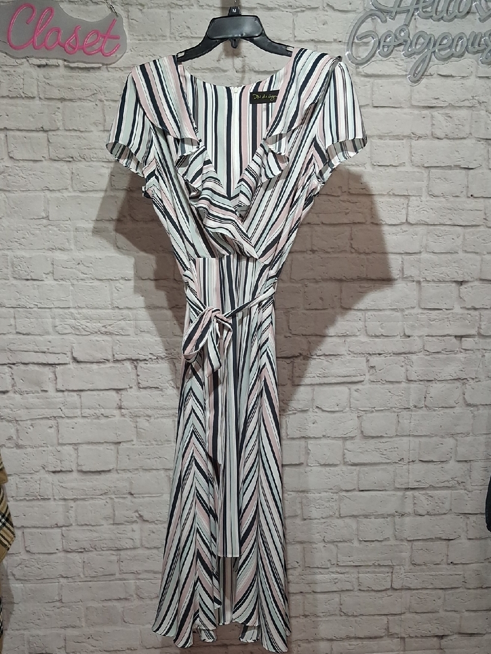 Striped Ruffle Wrap Midi Dress - Blush & Black